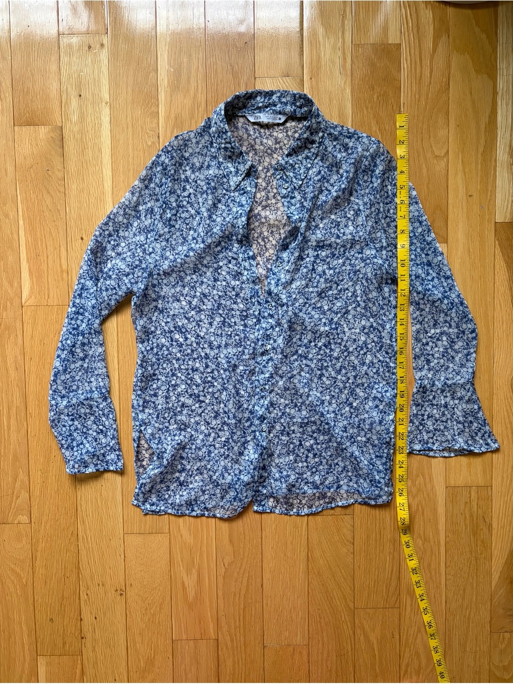 Zara sheer Blue Floral Long-Sleeve Button-Down Shirt